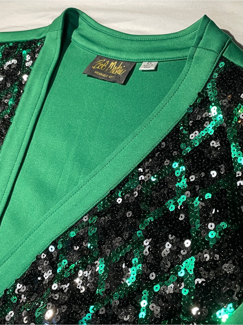 Bob Mackie Wearable Art Green Sequin Zip Jacket Plus Size 2X Holiday Party Bling